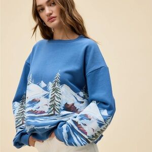 Daydreamer ALPINE SKI SCENE OVERSIZED CREW SWEATSHIRT IN DENIM BLUE